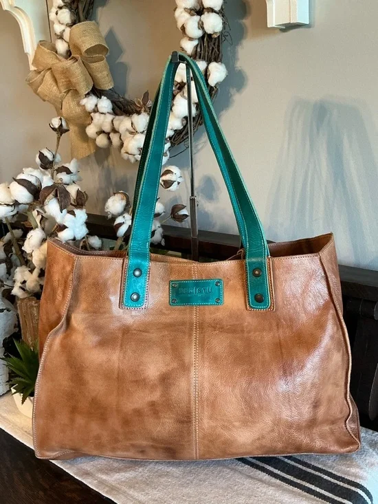 NWOT Bed Stu Leather Arlington Tan Rustic Teal DD Tote Shoulder Bag Retail $365 - Picture 3 of 13